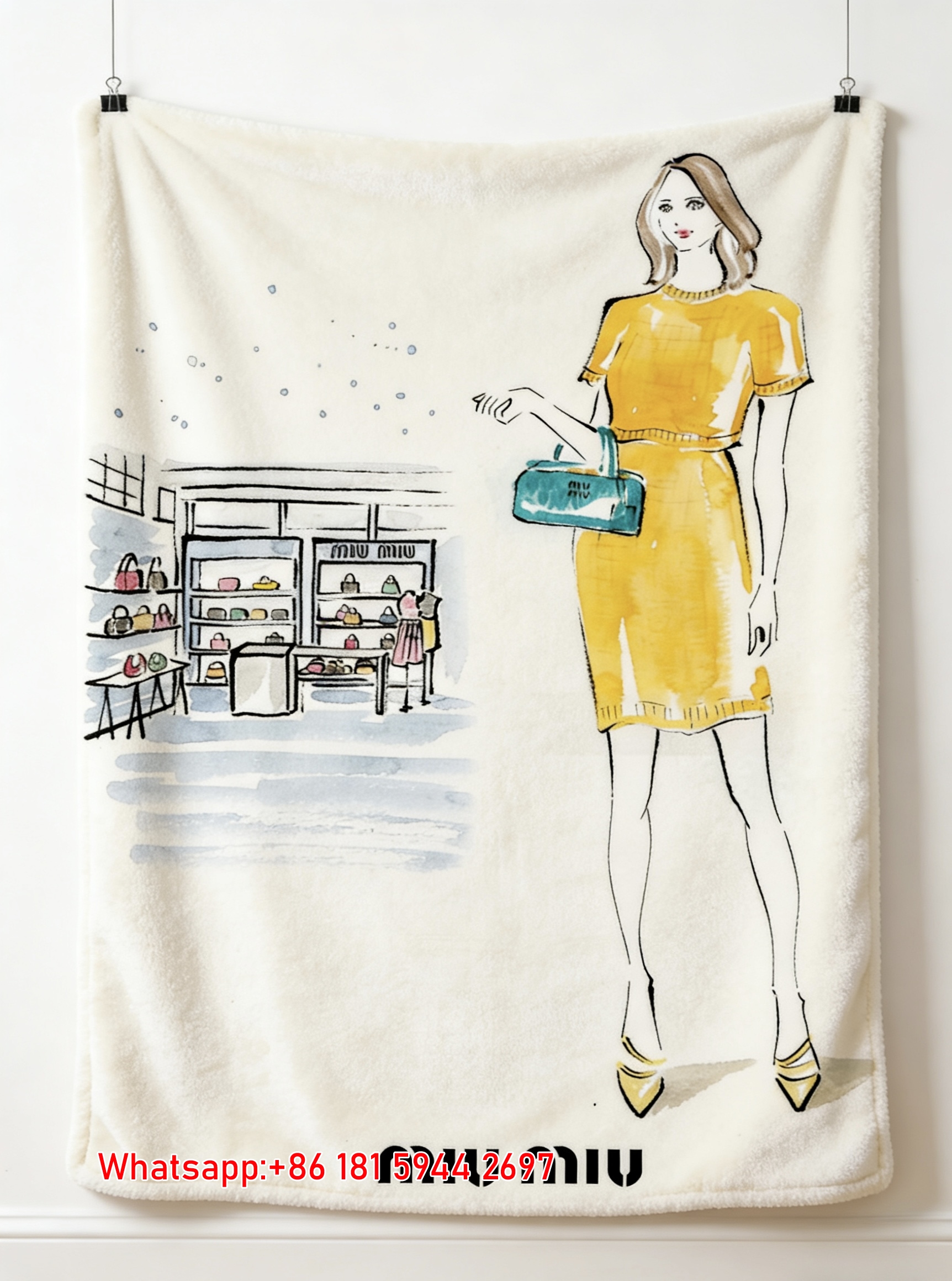 Miu Miu Yellow Dress & Turquoise Bag Fashion Sketch Print Flannel Throw Blanket IMG_0599